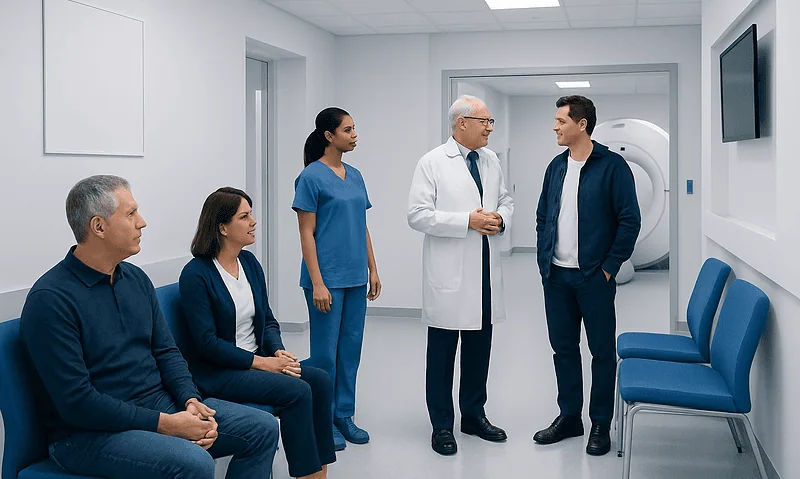 Medical team discussing patient care in hospital corridor.