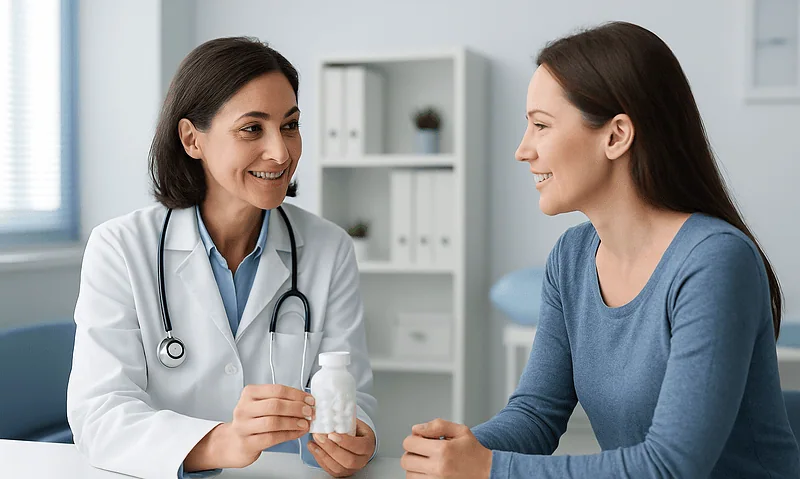 Doctor discussing probiotics with a female patient in a clinic setting.