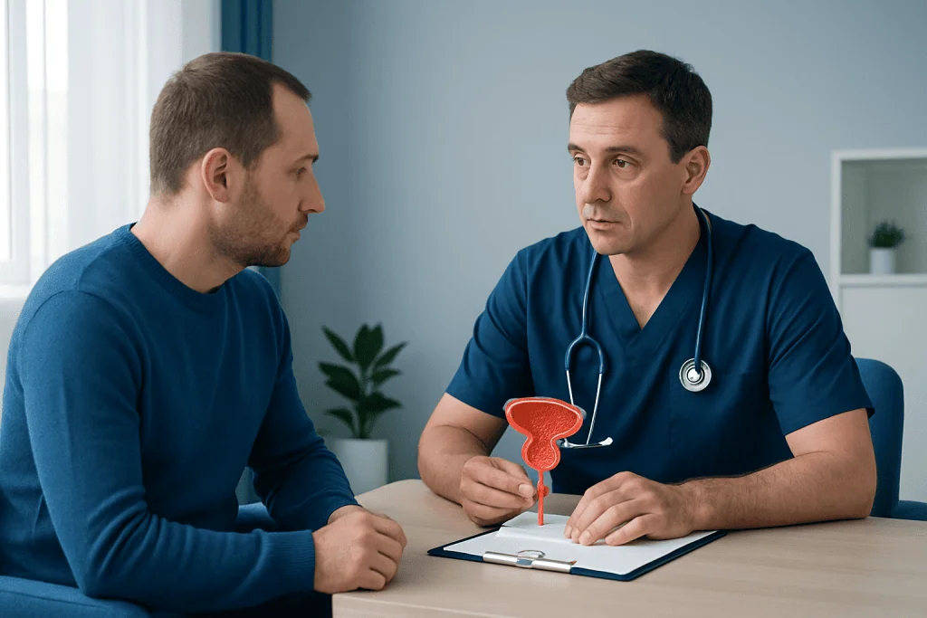 Urologist explaining prostate health to patient with prostate model.