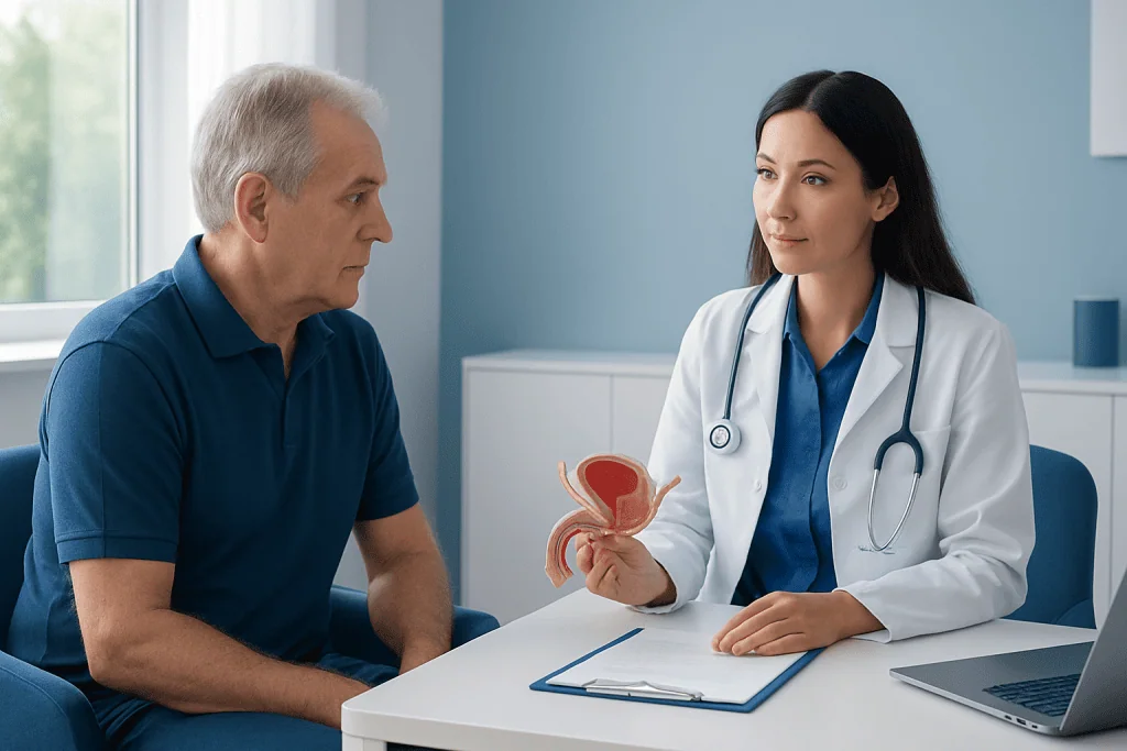 Urologist explaining prostate health to a patient in a clinic.