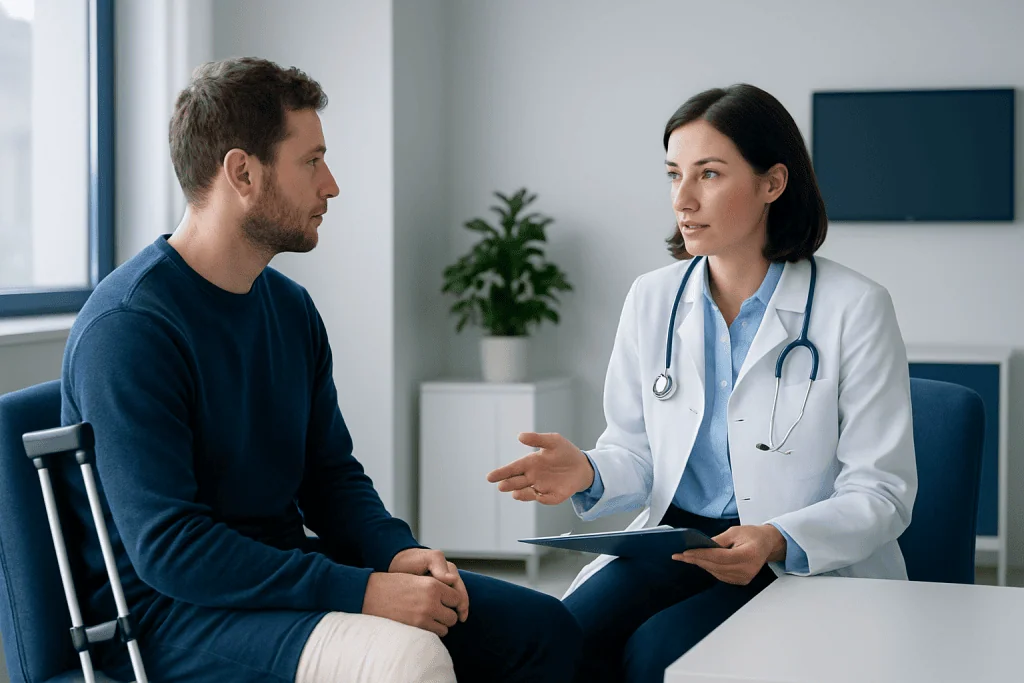 Doctor consulting with patient about broken leg recovery process.