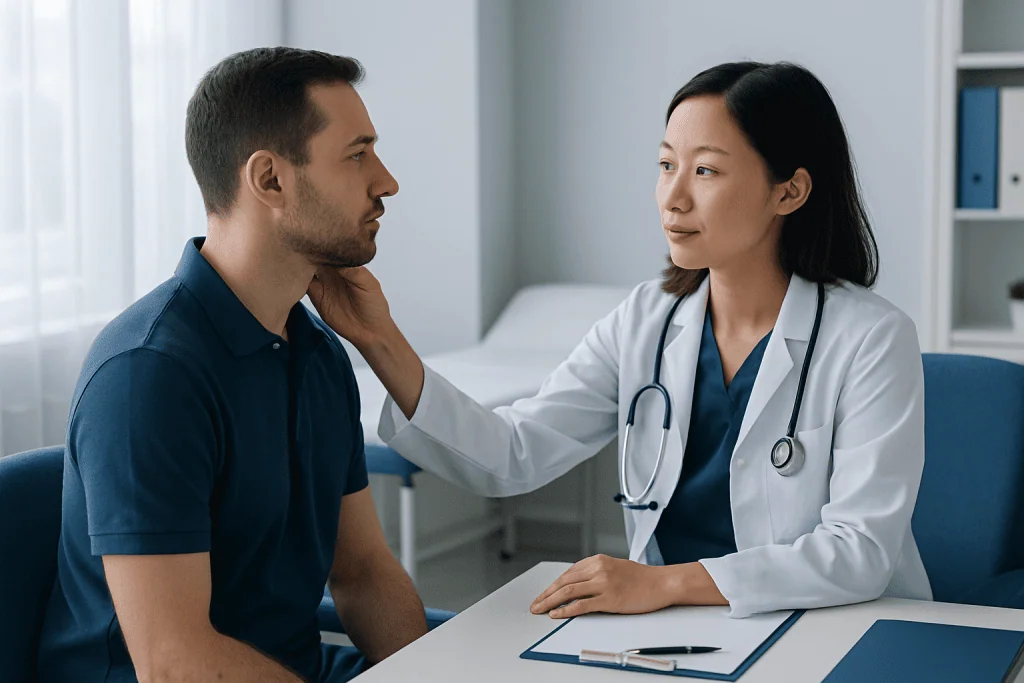 Doctor examining a patient's throat in a consultation room.