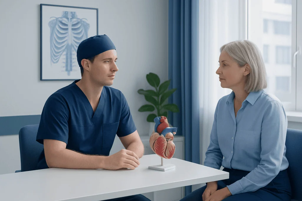 Cardiothoracic surgeon discussing heart health with patient in clinic.