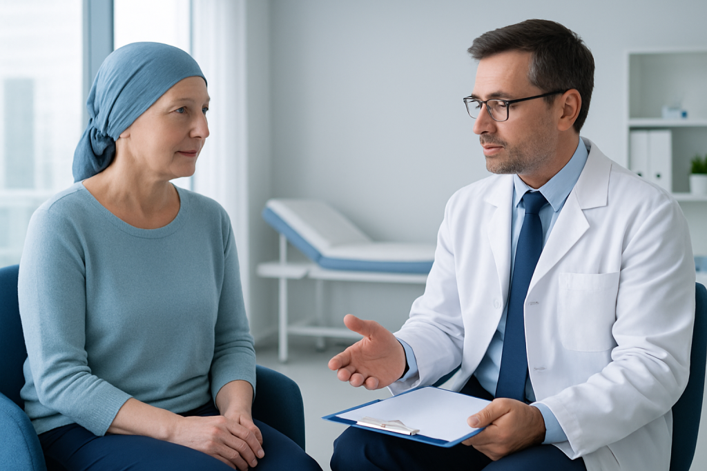 Doctor consulting with a female patient in a medical office setting.