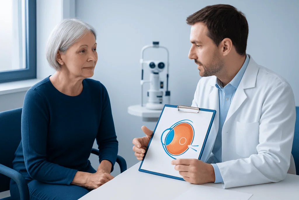 Ophthalmologist explaining eye diagram to senior patient in clinic.