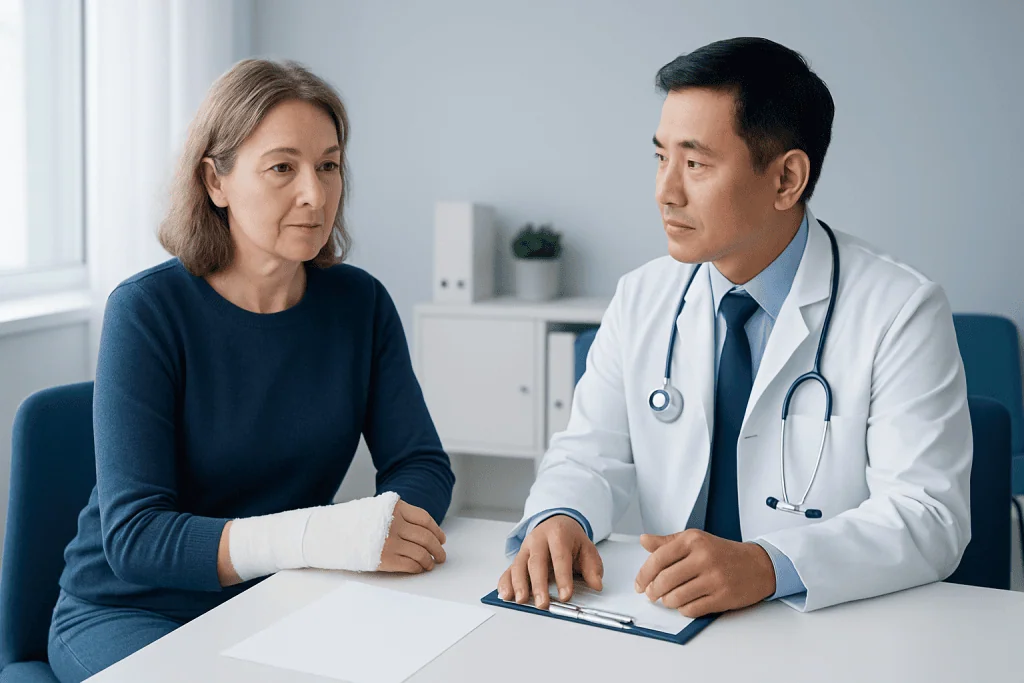 Doctor consulting with a female patient in a medical office.