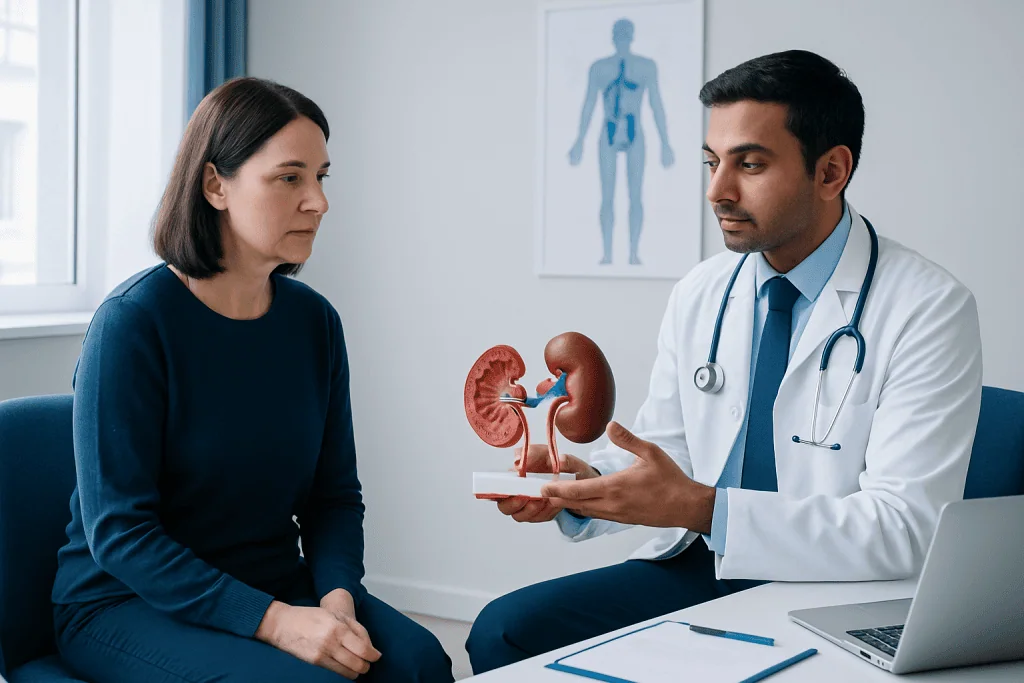 Doctor explaining kidney model to patient in a medical consultation.