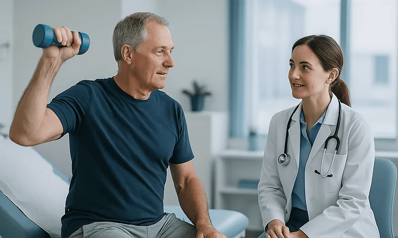 Senior man doing physical therapy with a healthcare professional in a clinic.