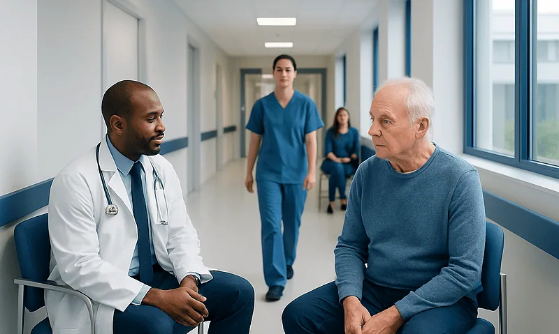 Doctor consulting elderly patient in hospital corridor.