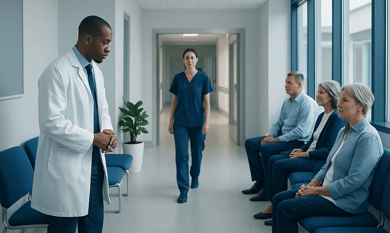 Doctor speaking to elderly patients in hospital corridor.