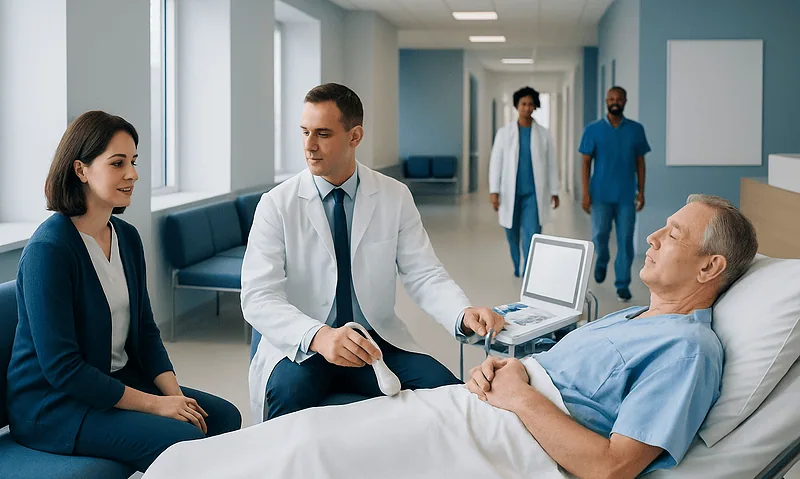 Prostate Gland Anatomy Ultrasound: Preparation, Procedure and Results 18 Doctor performing ultrasound on patient in hospital room.
