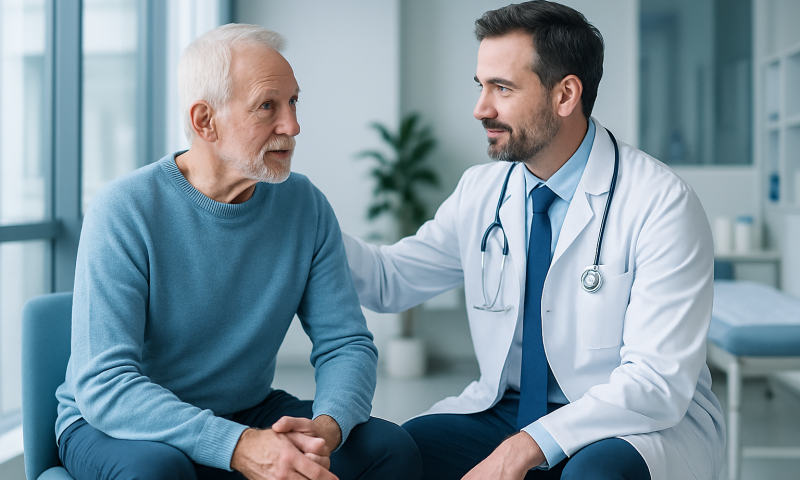Doctor consulting elderly male patient in hospital setting.