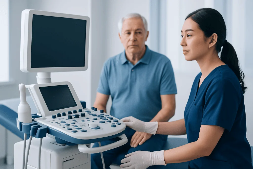Medical professional performing ultrasound examination on male patient in clinic.