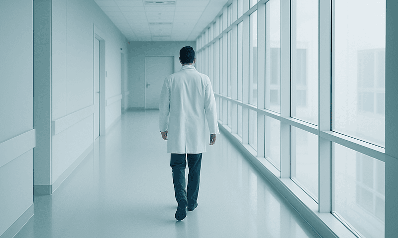 Doctor walking down a hospital corridor with large windows and natural light.