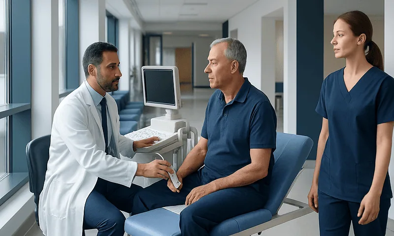Urologist discussing prostate ultrasound results with patient in hospital.