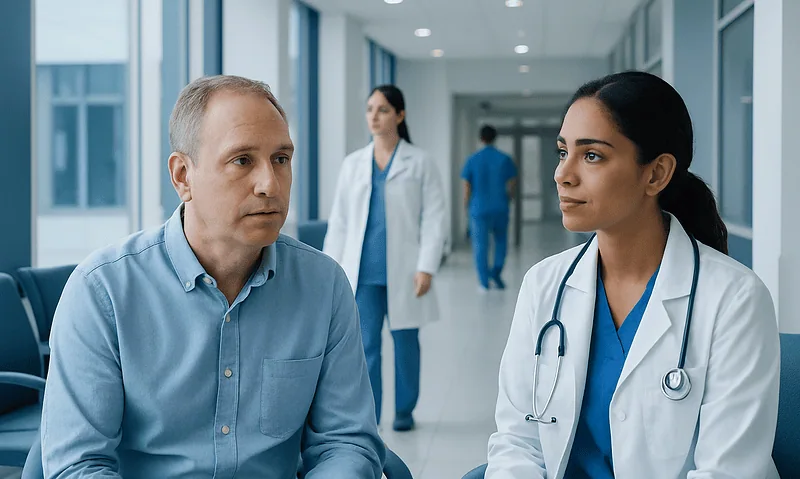 Doctor consulting with a patient in a hospital corridor.