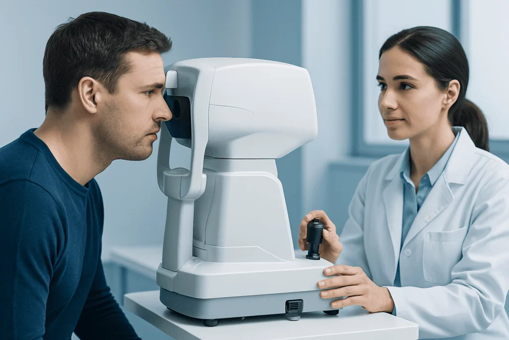 Optometrist performs eye test using a machine on a patient at Acibadem Hospital.