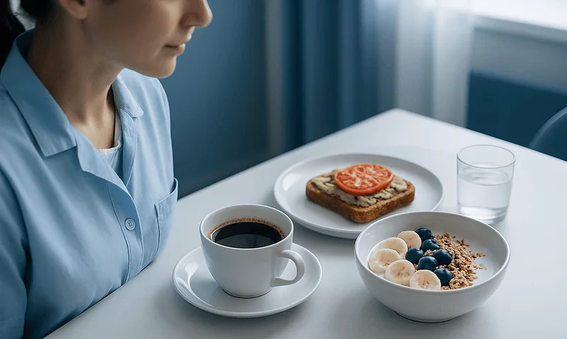 Healthy breakfast with coffee, toast, and fruit in a bright room.