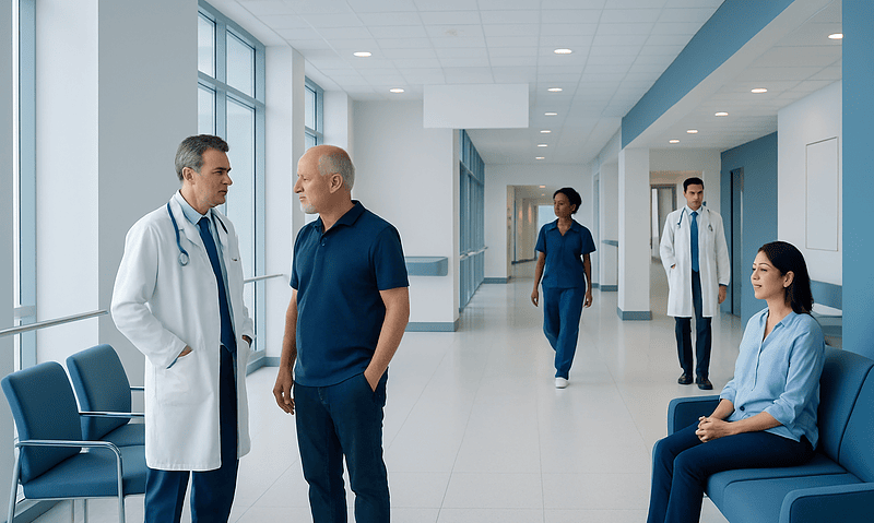 Doctors and patients in a modern hospital corridor.