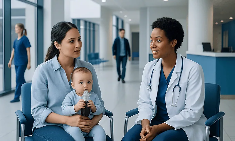 Doctor consulting with mother and baby in hospital waiting area.