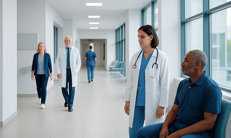 PSA Screening Age: How It Works, Results and What to Expect 17 Doctor consulting male patient in hospital corridor with other staff in background.