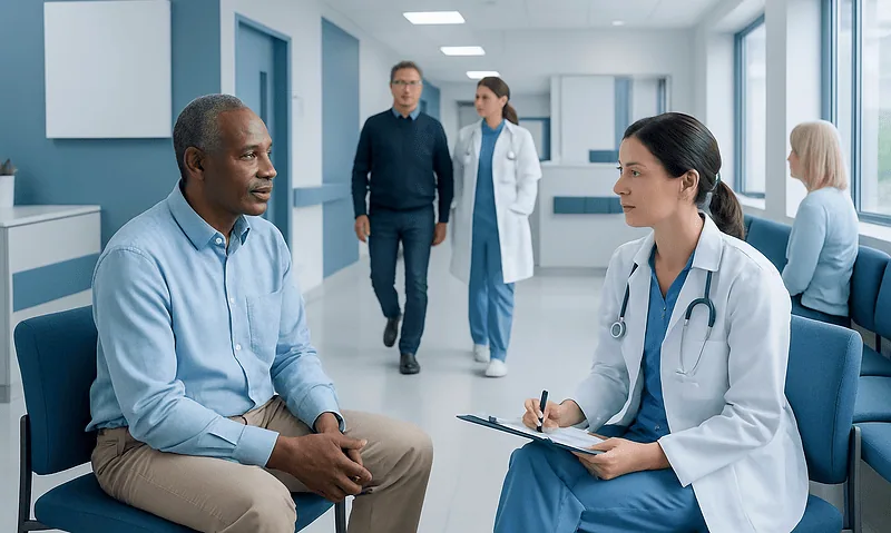 Doctor consulting with patient in hospital corridor for PSA screening.