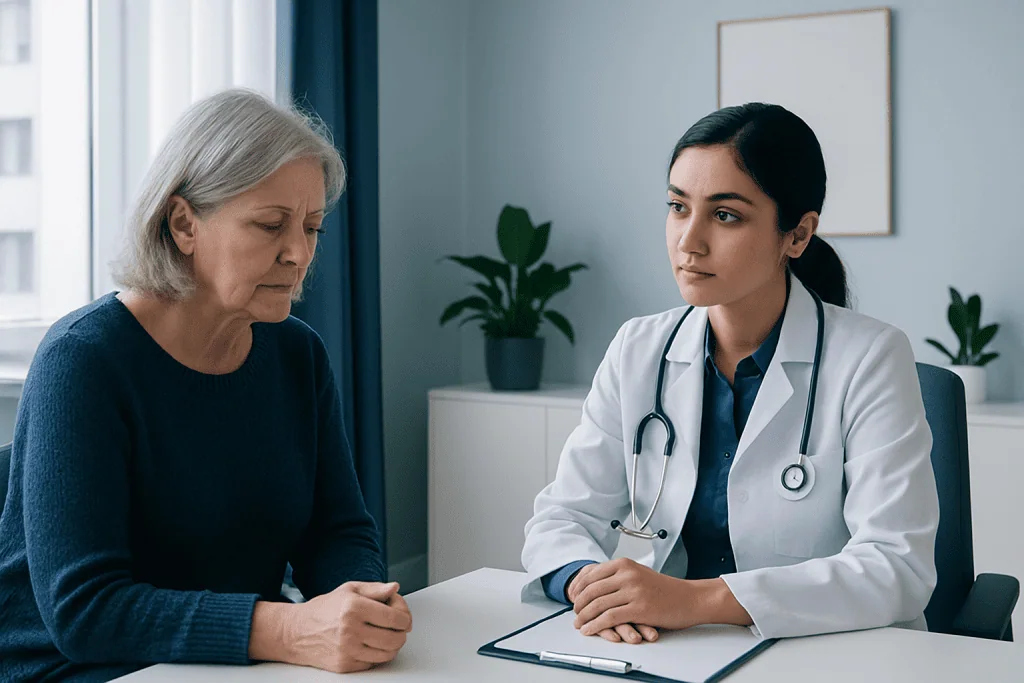 Doctor consulting with an elderly patient in a medical office setting.