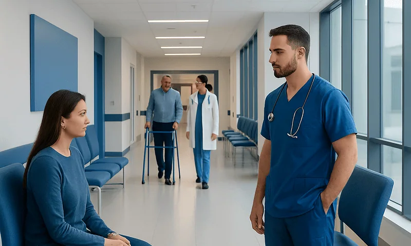 Healthcare professionals and patient in hospital corridor at Acibadem Hospitals Group.