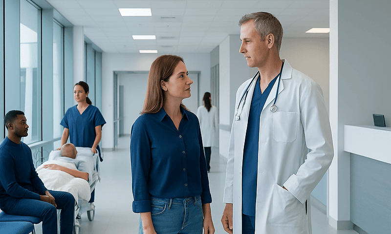 Doctor talking to a patient in a hospital corridor with other patients in the background.