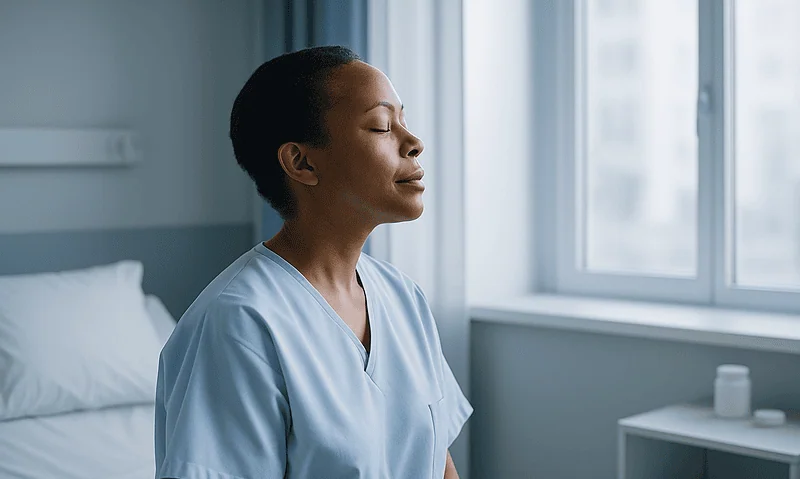 Healthcare professional meditating in a hospital room for stress relief.
