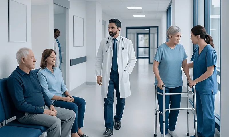 Medical team consulting with elderly patient in hospital corridor.