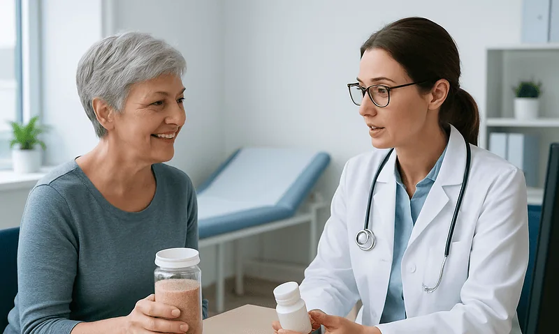 Doctor discussing supplement with elderly woman in clinic.