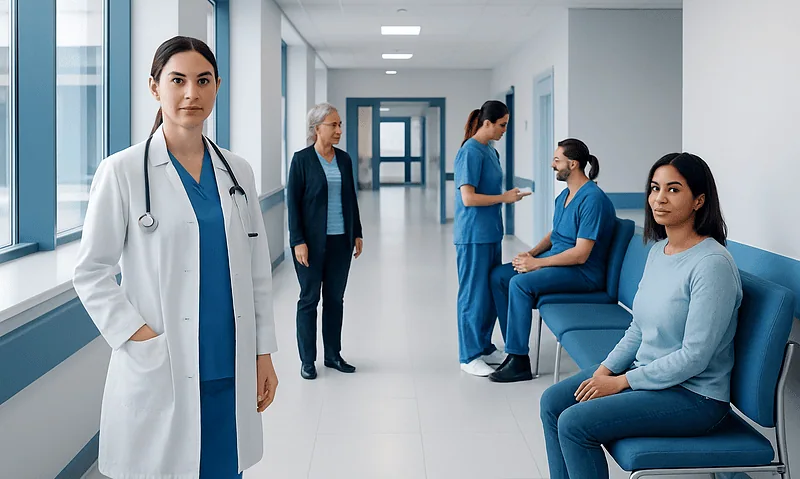 Medical professionals and patients in a hospital corridor at Acibadem Hospitals Group.