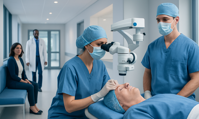 Ophthalmologist performing eye surgery with microscope at Acibadem Hospital.