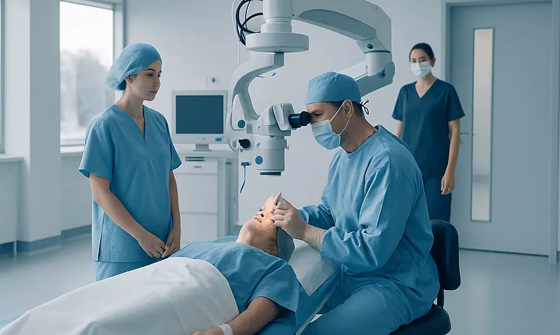 Surgeons performing eye surgery in a modern hospital operating room.