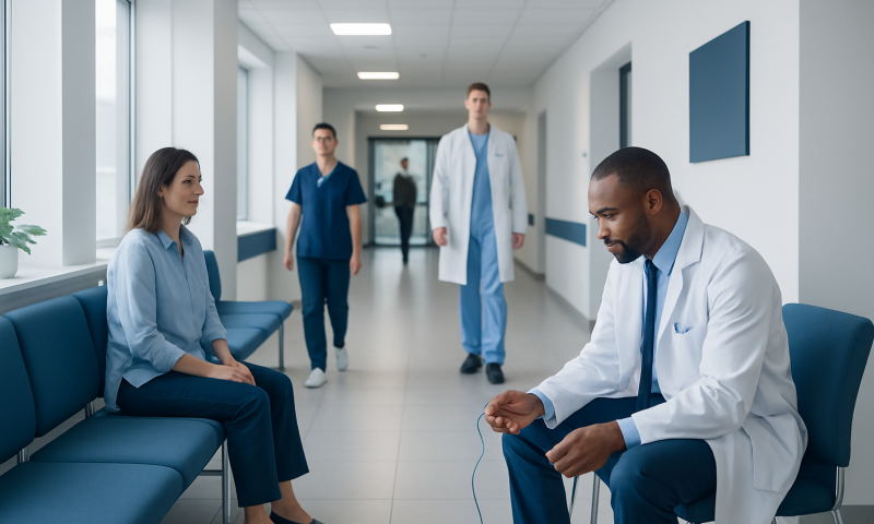 Doctor preparing for a medical procedure in a hospital corridor with patients and staff.