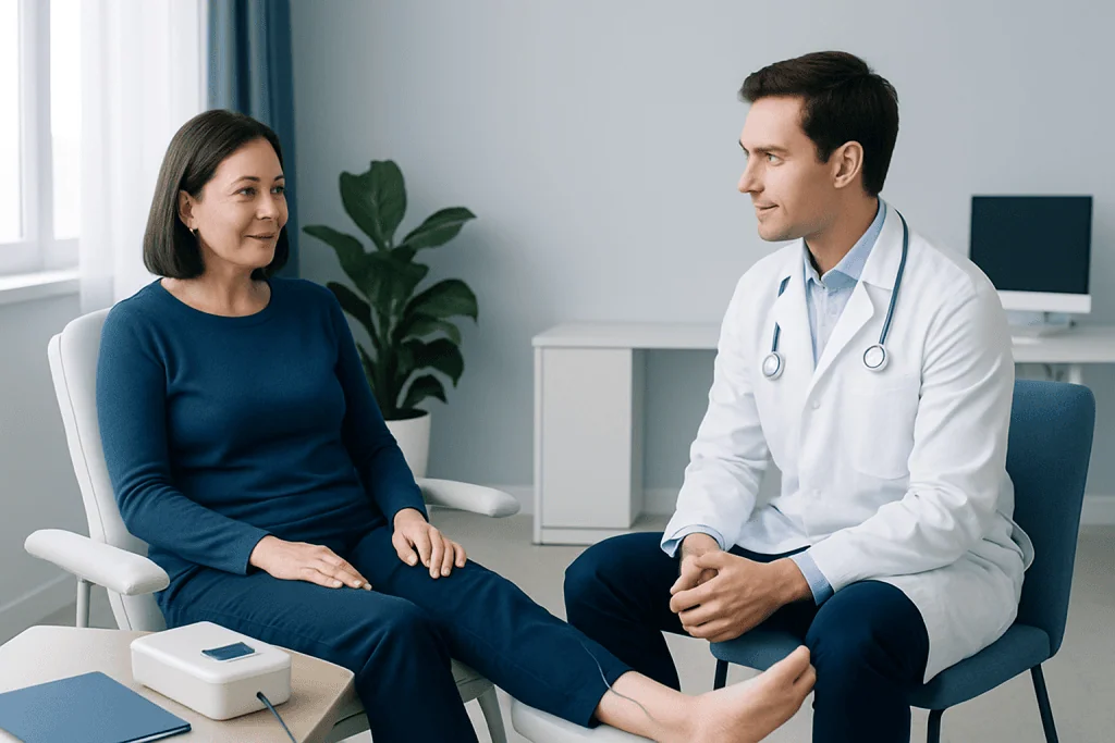 Doctor consulting with a female patient in a modern clinic setting.