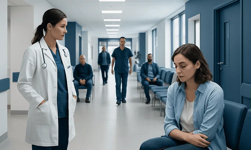 Medical team discussing patient care in hospital corridor.