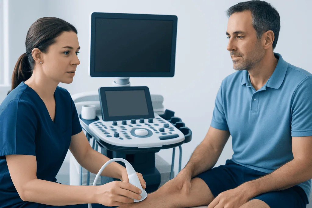 Doctor performing PTTD treatment consultation with patient in clinic.