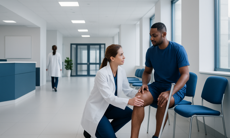 Physiotherapist examining patient's knee in hospital corridor.