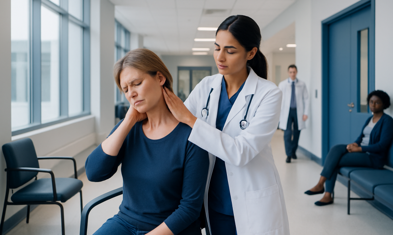 Doctor examining a woman's neck in a hospital corridor.