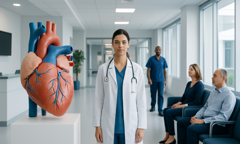 Pulmonary Valve Regurgitation: An Evidence-Based Patient Guide 13 Medical team in hospital corridor with heart model for cardiology education.
