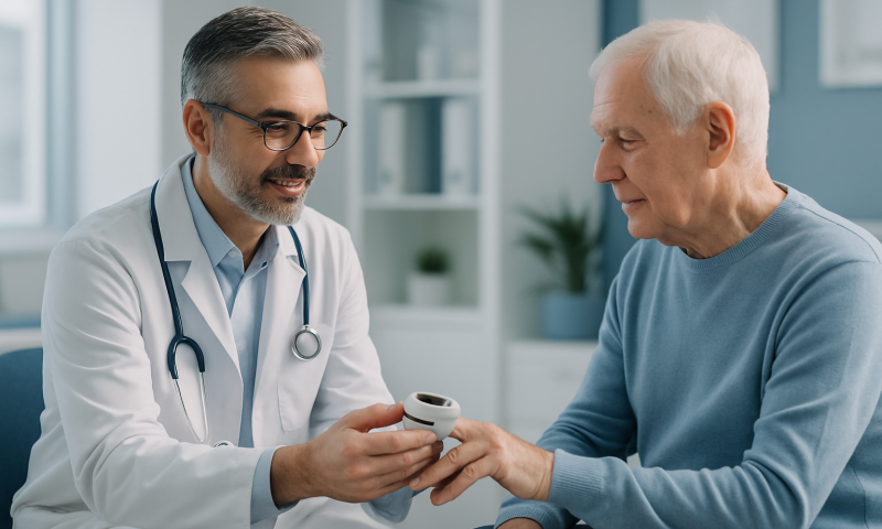 Doctor checking pulse oximeter reading on elderly patient's finger.