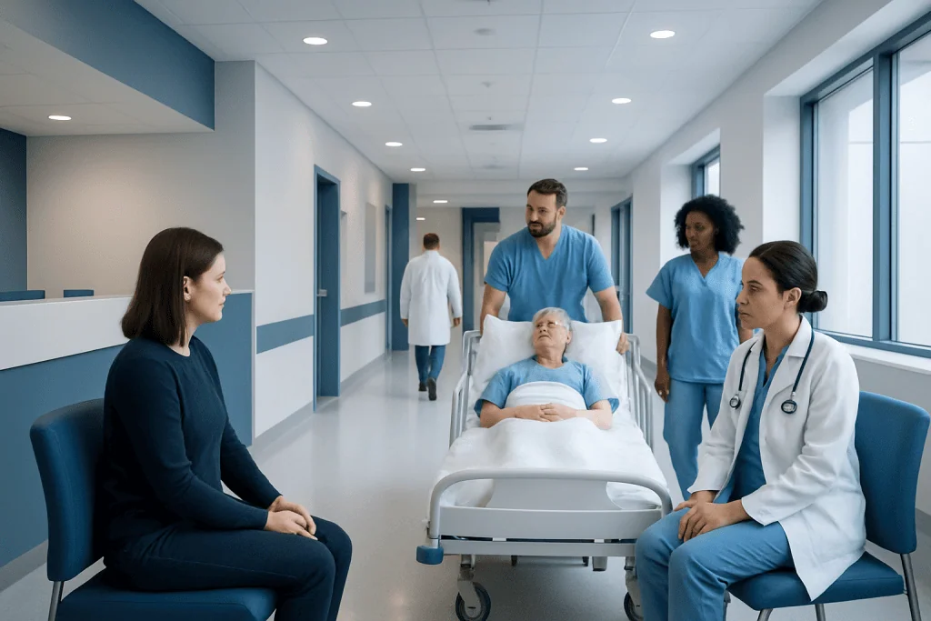 Pulsed Dye Laser: How It Works, Results and What to Expect 1 Medical team attending to patient in hospital corridor.