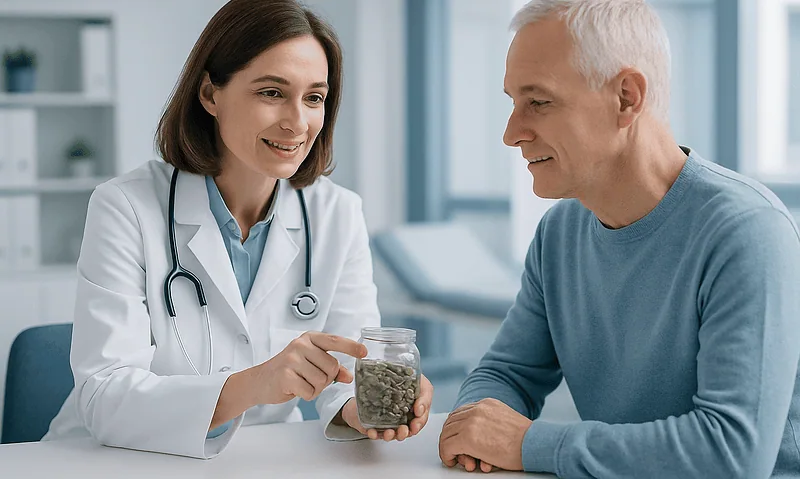 Doctor explaining health benefits of pumpkin seeds to patient in clinic.