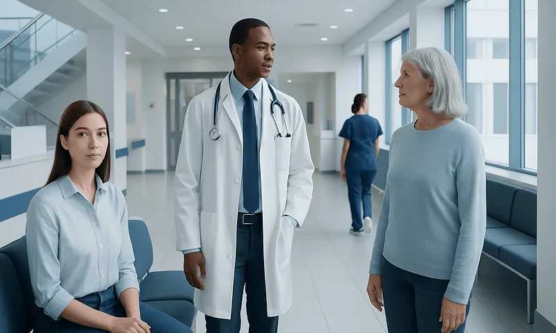 Medical team consulting with a patient in a modern hospital corridor.