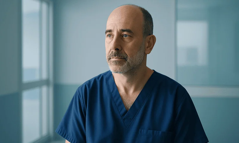 Male doctor in blue scrubs looking thoughtfully in a hospital corridor.