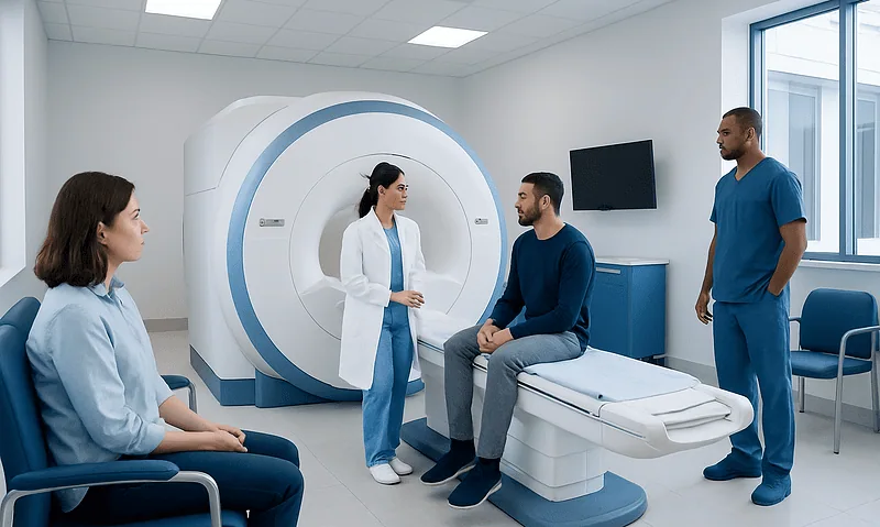 Patient preparing for MRI scan in a modern hospital room.