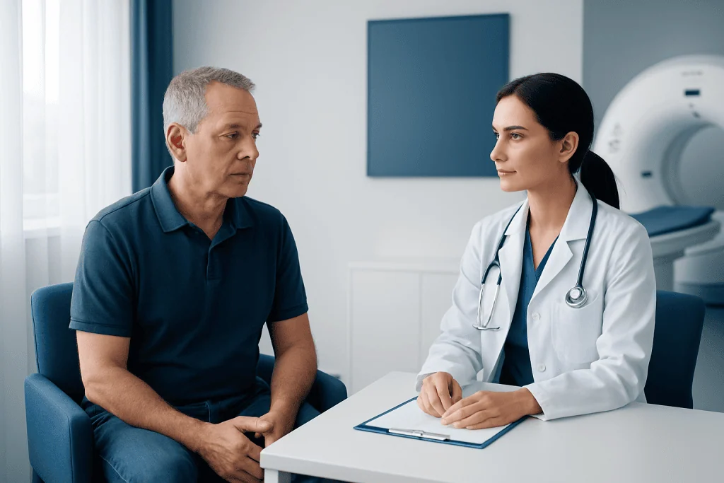 Doctor consulting with patient in medical examination room at Acibadem Hospital.
