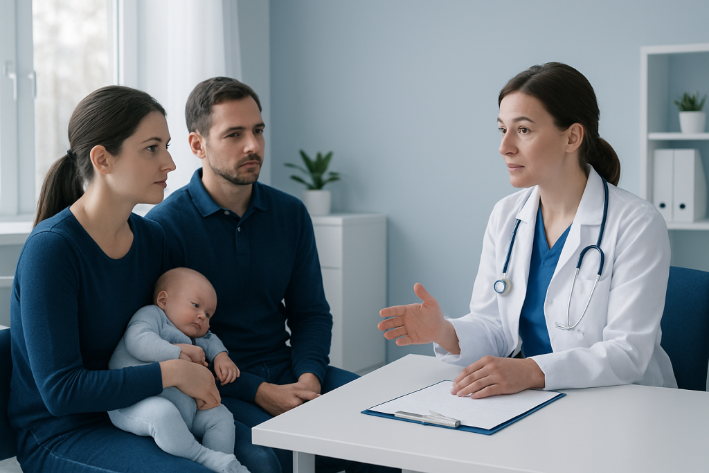 Doctor consulting parents with baby in a hospital room.